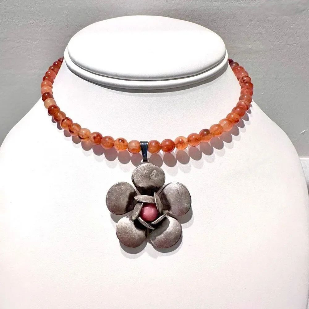 Bonni J Carnelian Beaded Flower Pendant Adjustable Wire Choker Necklace